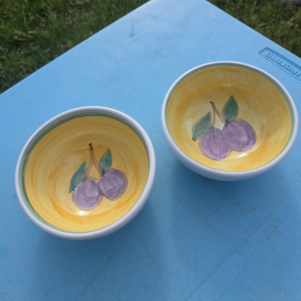 Caleca Frutta Fruit Plum Two Hand Painted 5" Dessert Snack Bowls Made In Italy